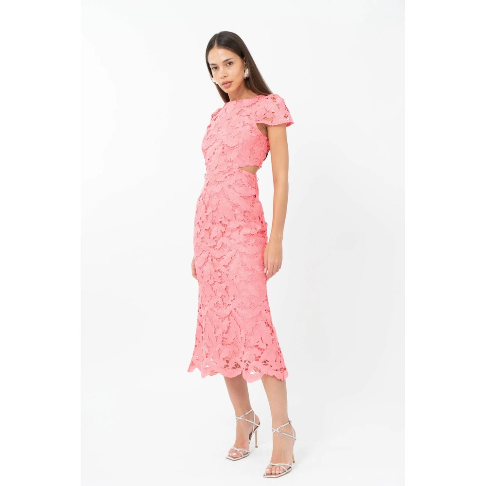 NEW Adelyn Rae Portia 3D Lace Cap Sleeve Midi Dress Coral‎ Large